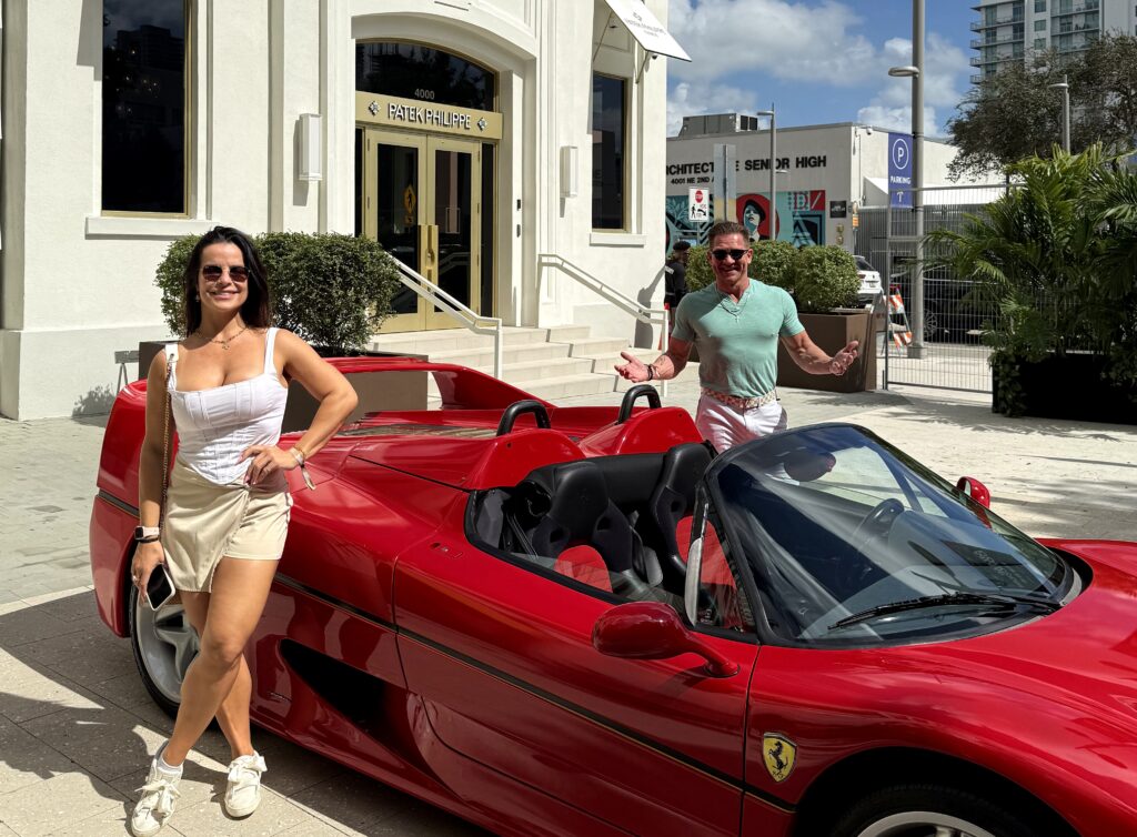 Heath and Amanda Blanchard with Ferrari F50 in Miami Design District — Greauxx Lafayette Louisiana and Miami FL