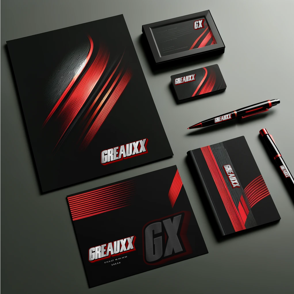 Greauxx professional branding stationery including business cards and letterhead on dark surface — Greauxx Lafayette Louisiana and Miami FL